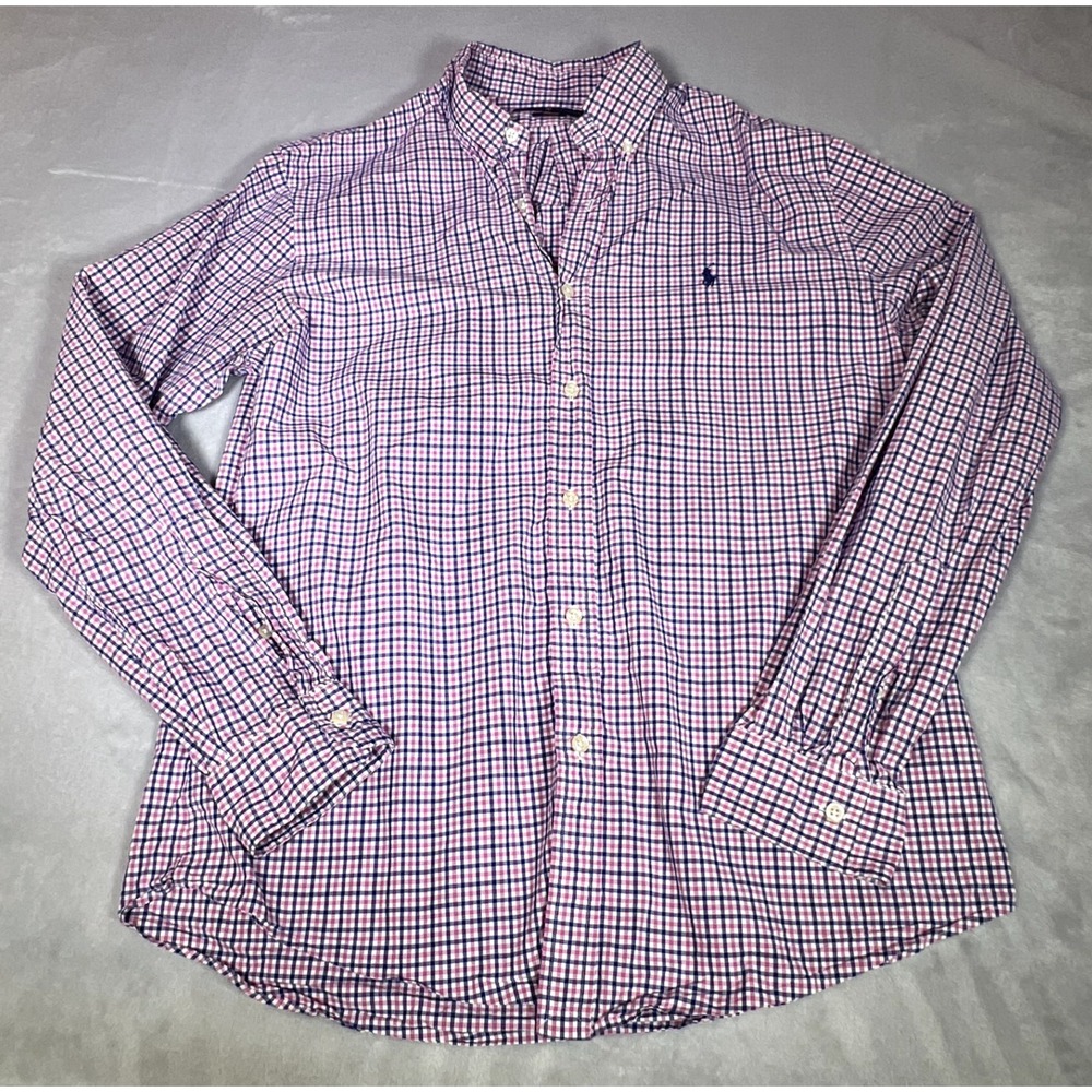 Ralph Lauren Shirt Mens L Large Pink Blue Plaid‎ Checkered Slim Fit Long Sleeve